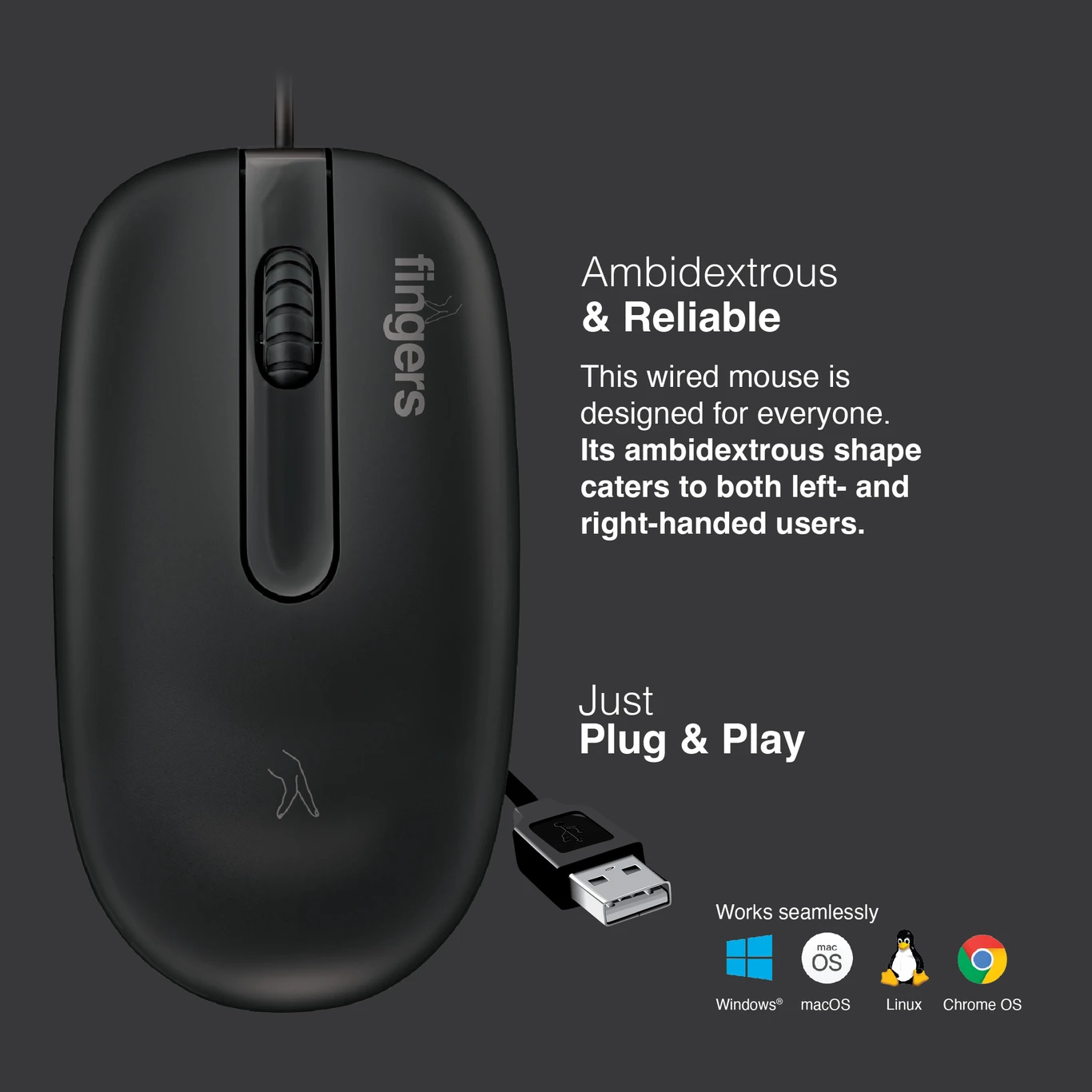 FINGERS MasterHit Wired Ambidextrous Optical Mouse (USB 2.0, Matte Black)
